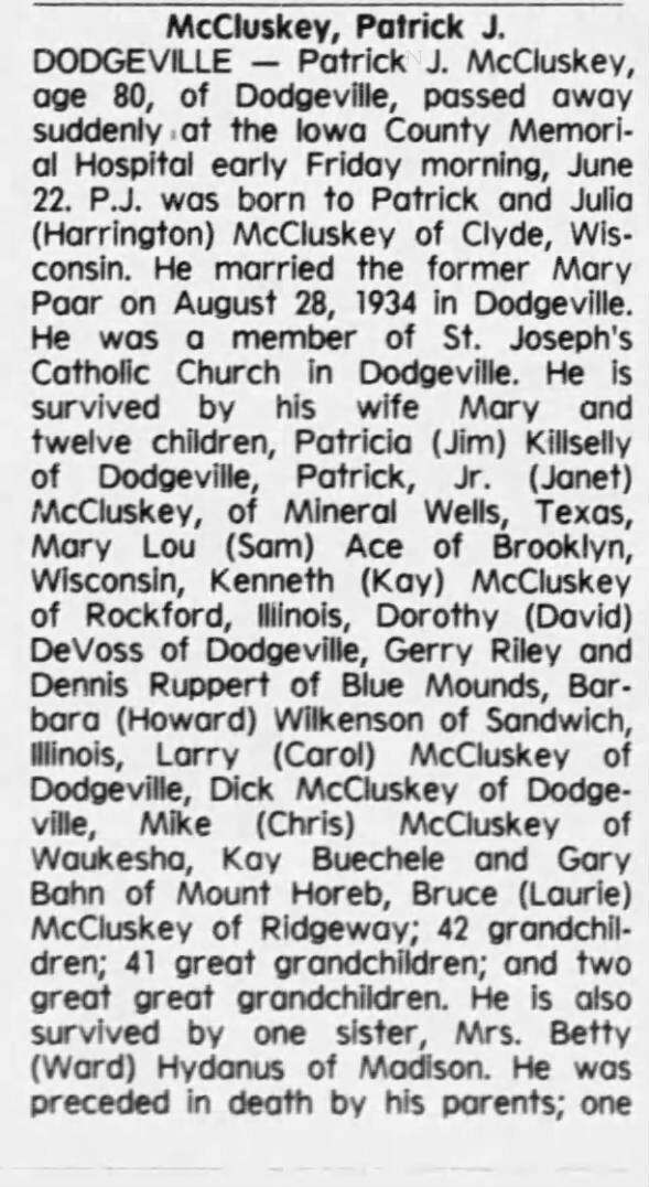 Obituary for Patrick J. McCluskey (Aged 80)